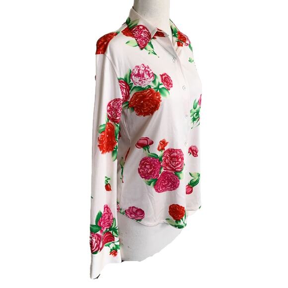 Floral Dress Shirt Button Up Cream Rose All Over Print Long Sleeves Collared - Picture 2 of 3